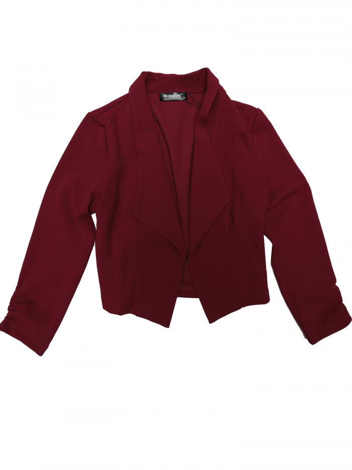Allegra K ショート ジャケット クロップド ブレザー 前開き オフィス 事務服 無地 レディース ダークレッド XS