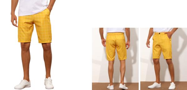 Lars Amadeus ショートパンツ チェックショーツ プリント リラックス ギンガムチェック 格子 フラットフロント ゴムウェスト メンズ イエロー 38