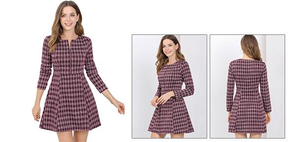 Allegra K チェック ワンピース フレア チェック柄 ミニドレス 長袖 aライン ジッパー レディース パープル XS