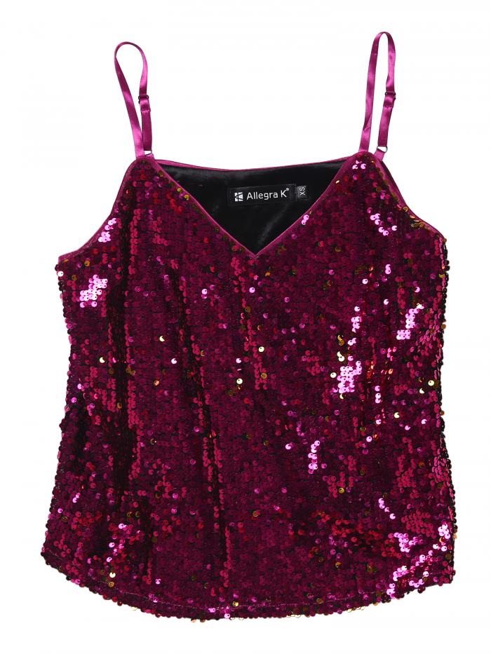 Allegra K スパンコール キャミソール ノースリーブ パーティー 光沢 タンクトップ メタリック 衣装 レ..