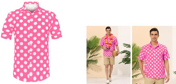 Lars Amadeus アロハシャツ 水玉シャツ ボタンダウン 半袖トップス サマー メンズ ピンク S