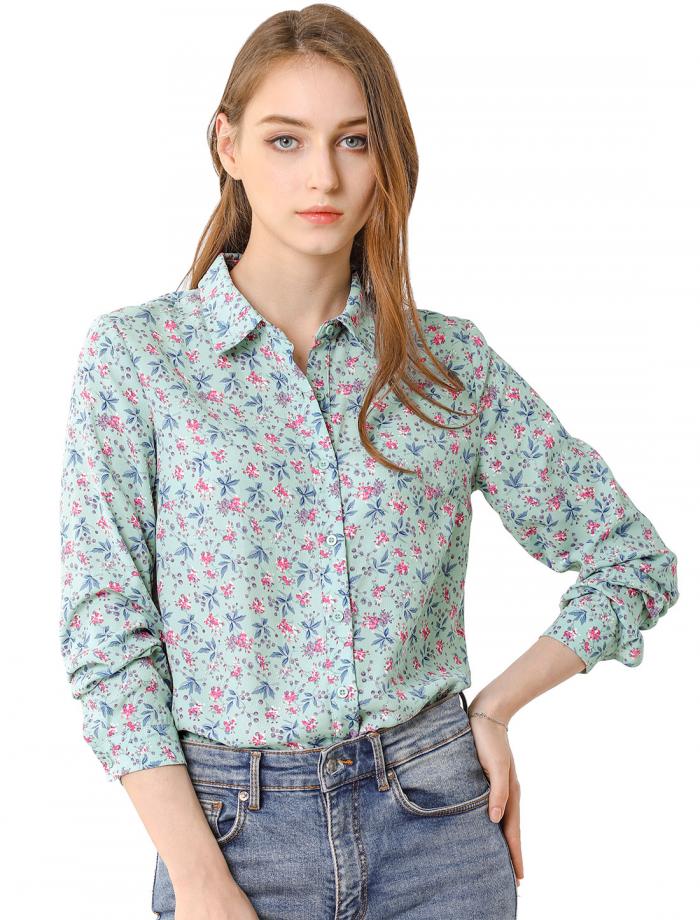 Allegra K 花柄シャツ ブラウス 長袖 おしゃれ ボタンダウン 通勤 オフィス カジュアル レディース ブルー XS