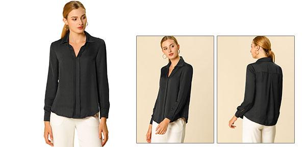 オフィスブラウス 長袖 vネック 無地 プリーツ ベルト付き レディース ブラック M