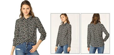 ソウテン Allegra K 花柄シャツ ブラウス 長袖 おしゃれ ボタンダウン 通勤 オフィス カジュアル レディース ブラック M