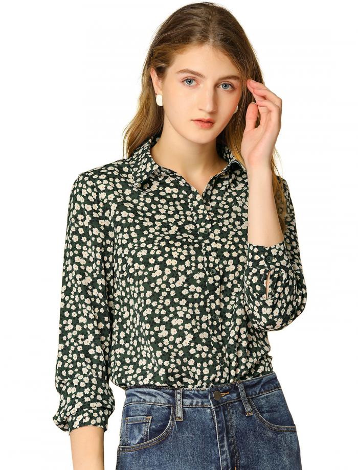 Allegra K 花柄シャツ ブラウス 長袖 おしゃれ ボタンダウン 通勤 オフィス カジュアル レディース ダークグリーン S
