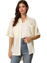 Allegra K 夏カジュアルチュニックシャケットシャツレディースワッフルニットハーフスリーブボタンダウンシャツトップス ベージュ L