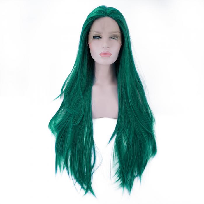 VOCOSTE レースフロントウィッグ 耐熱性 ロングストレートヘアウィッグ 女の子の日常用 61 cm グリーン