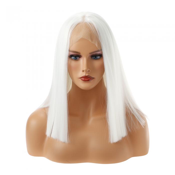 VOCOSTE レースフロントウィッグ 耐熱性 ミディアムロングストレートヘアウィッグ 女の子の日常用 30.5 cm ホワイト