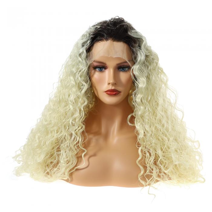 VOCOSTE レースフロントウィッグ 耐熱性 ロングウォーターウェーブウィッグ 女の子の日常用 61 cm ブラックグラデーションブロンド