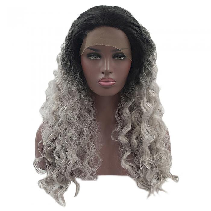 VOCOSTE レースフロントウィッグ 耐熱性 ロングウォーターウェーブウィッグ 女の子の日常用 61 cm ブラックグラデーショングレー