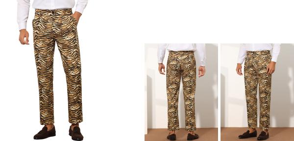 Lars Amadeus ロングパンツ ドレスパンツ アニマルプリント ヒョウ柄 シマウマ 虎柄 ボタン留め パターン メンズ ブラウン 30
