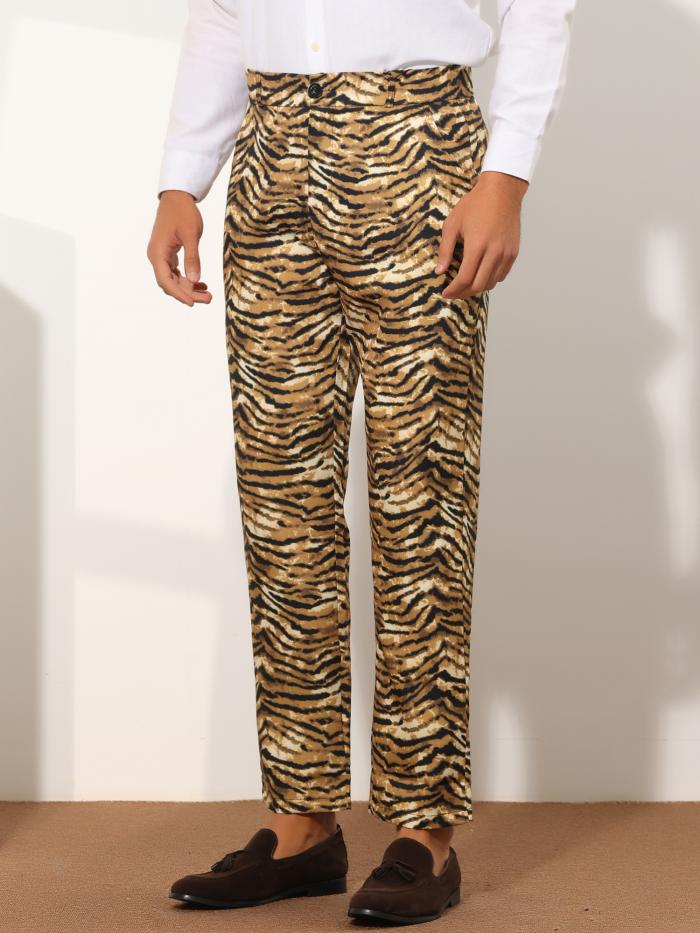 Lars Amadeus ロングパンツ ドレスパンツ アニマルプリント ヒョウ柄 シマウマ 虎柄 ボタン留め パターン メンズ ブラウン 30