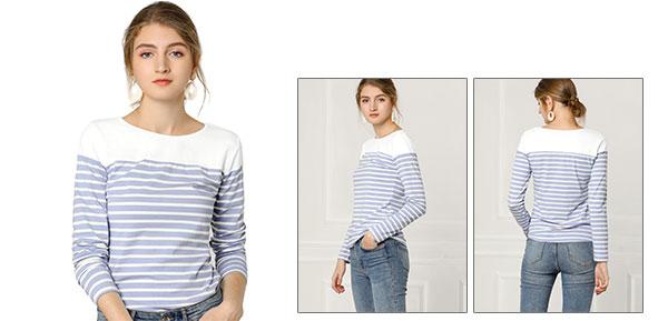 Allegra K ボーダーtシャツ トップス 長袖 ストライブ 丸首 カジュアル レディース