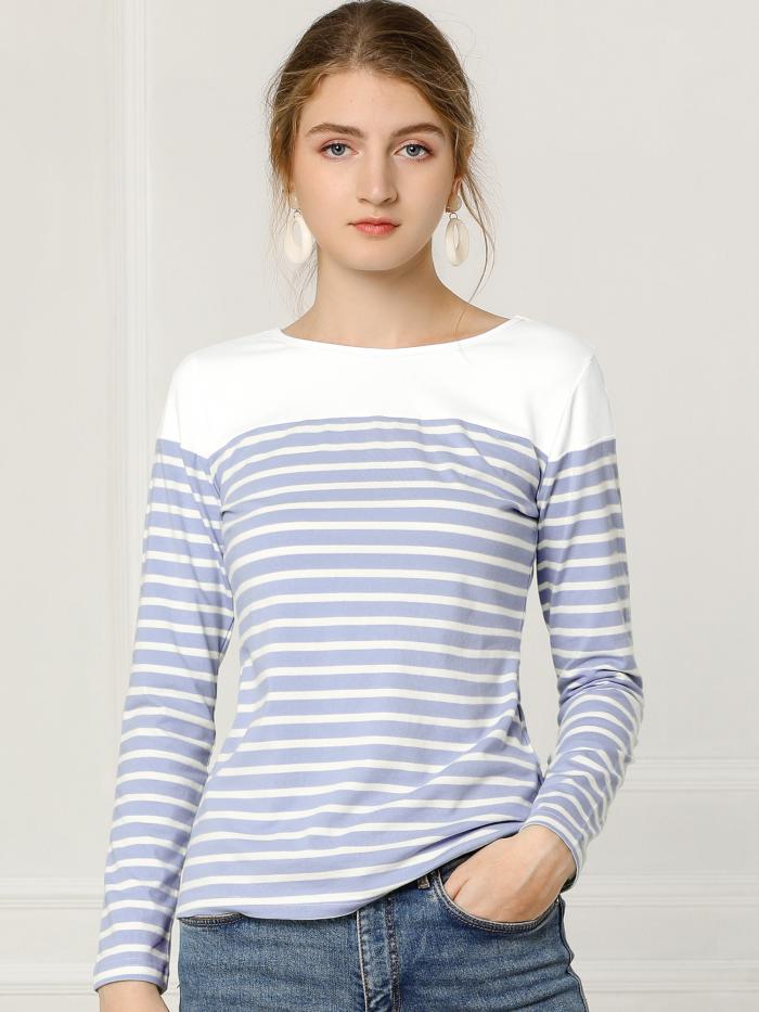Allegra K ボーダーtシャツ トップス 長袖 ストライブ 丸首 カジュアル レディース