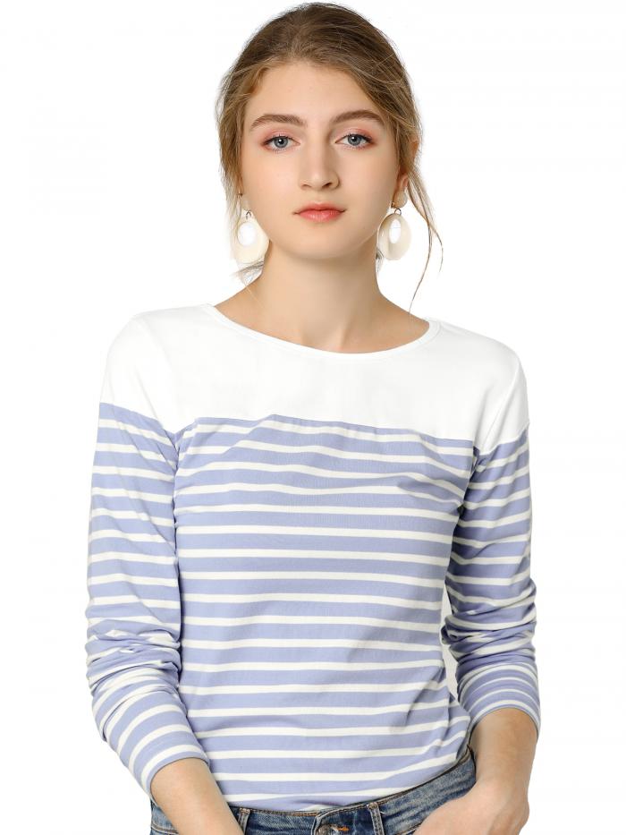 Allegra K ボーダーtシャツ トップス 長袖 ストライブ 丸首 カジュアル レディース