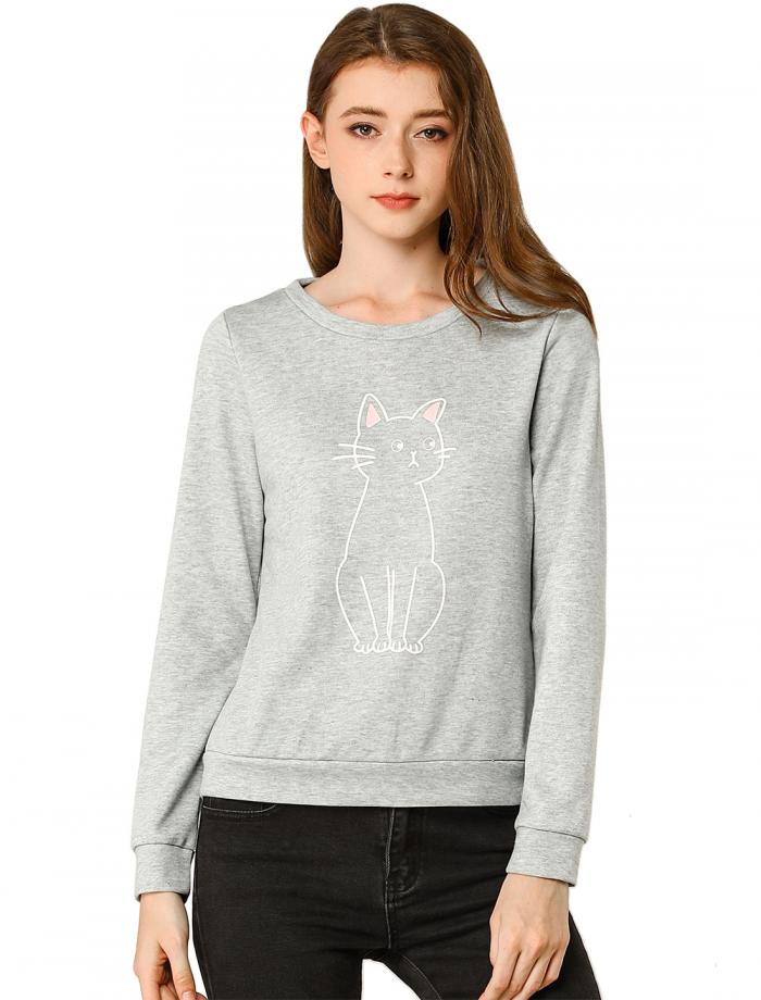トレーナー レディース プルオーバー 猫柄 ラウンドネック 長袖 カジュアル ライトグレー XS(4)
