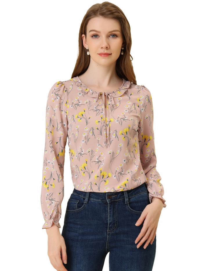 Allegra K 花柄ブラウス フリルネック ボウタイ 長袖 エレガント カジュアル レディース ダークピンク S