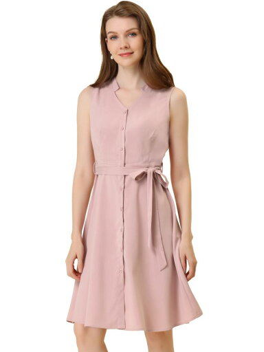 Allegra K ワンピース ノースリーブ Vネック ミディボタンフロントドレス レディース ダスティピンク M Allegra K ワンピース ノースリーブ Vネック ミディボタンフロントドレス レディース ダスティピンク M