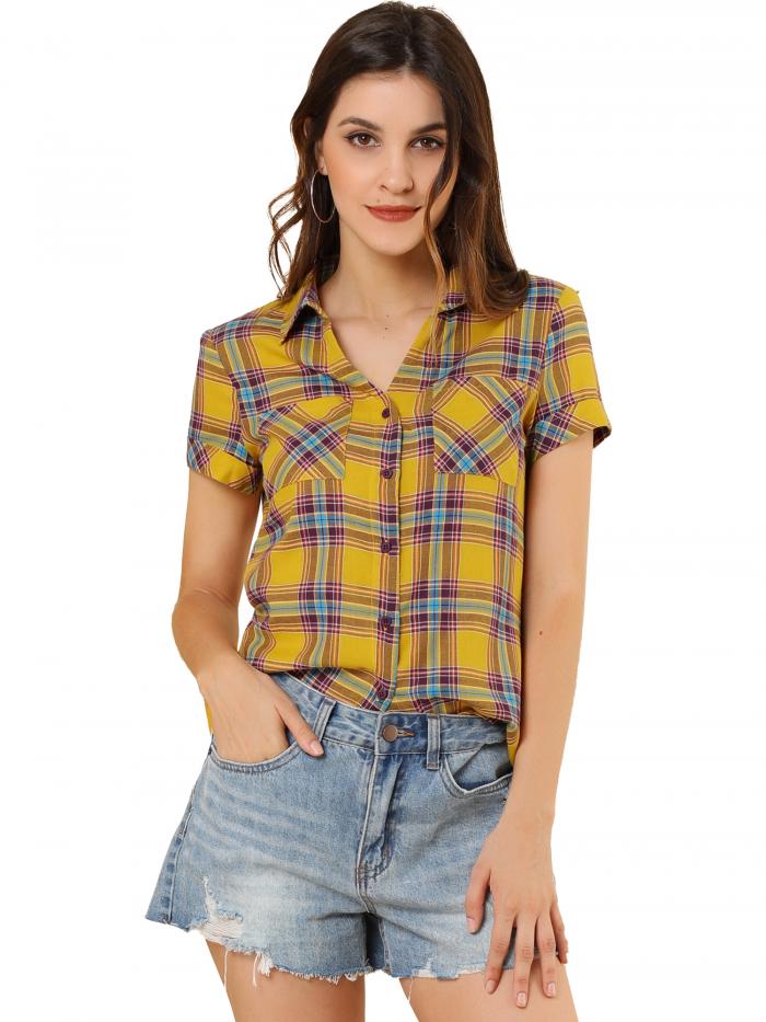 Allegra K 赤チェックシャツ 半袖 フランネル レディース ボタンダウン カジュアル 夏 イエロー L