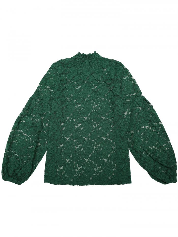 Allegra K ブラウス シースルー 総レース 長袖 セックシー シャツ オフィス トップス 着痩せ エレガント レディース ダークグリーン S