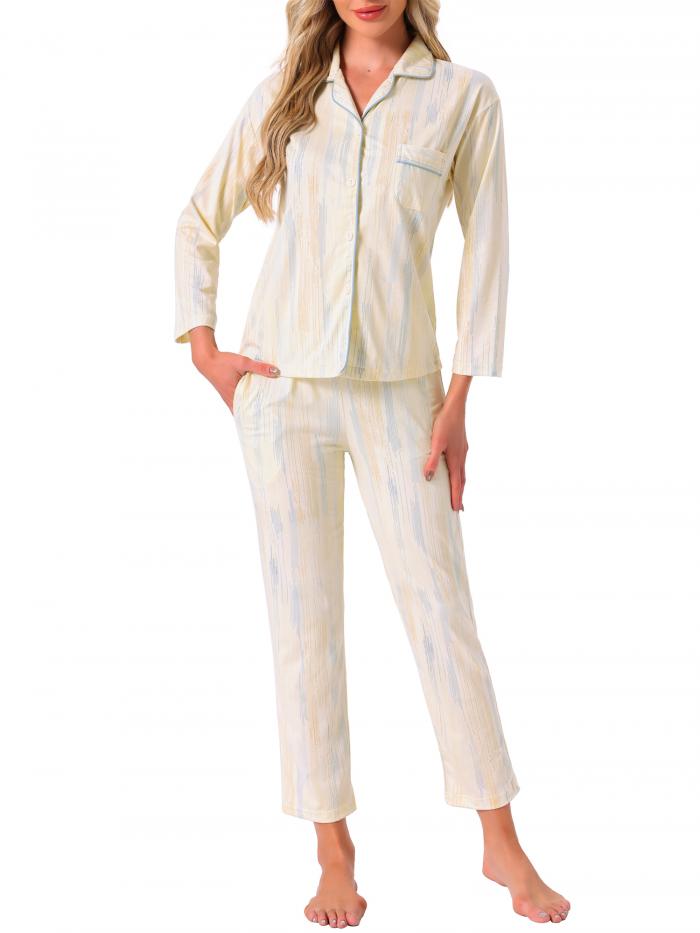 Womens Cotton Sleepwear Button Down ラウンジ Long Sleeve Shirt and Pants Pajama Sets Apricot XS
