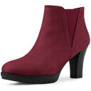 Allegra K チェルシーブーツ ヒョウ柄 ブーティ ラウンドトゥ ブロックヒール プラットフォーム レディース ワインレッド 24.0cm(4)