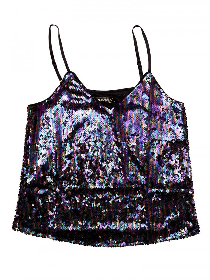 Allegra K スパンコール キャミソール ノースリーブ パーティー 光沢 タンクトップ メタリック 衣装 レ..