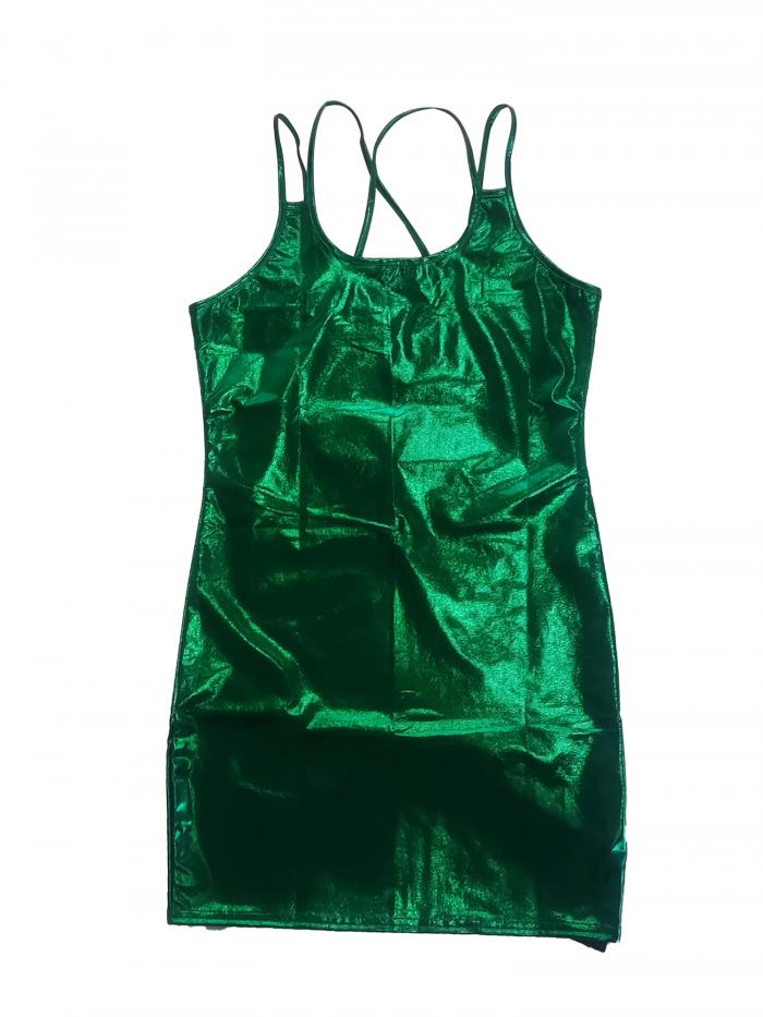 Allegra K キャミソールワンピース ストラップ ドレス メタリック 光沢 ミニ シャイニー ボディコン スリム レディース グリーン L