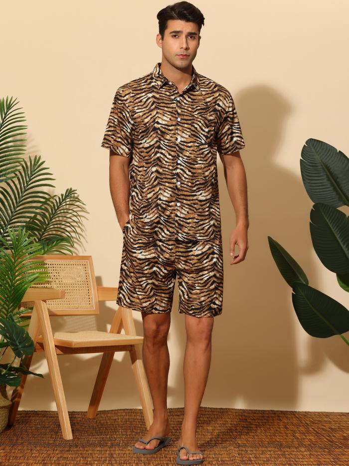 Lars Amadeus アクティブウェア アニマルプリントシャツ 半袖 ショートパンツ ヒョウ柄 虎柄 レオパード ハワイアン 2点セット 夏服 メンズ イエロー M