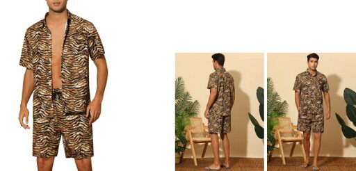 Lars Amadeus アクティブウェア アニマルプリントシャツ 半袖 ショートパンツ ヒョウ柄 虎柄 レオパード ハワイアン 2点セット 夏服 メンズ イエロー 2XL