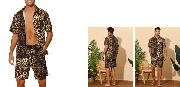 Lars Amadeus アクティブウェア アニマルプリントシャツ 半袖 ショートパンツ ヒョウ柄 虎柄 レオパード ハワイアン 2点セット 夏服 メンズ ブラウン L