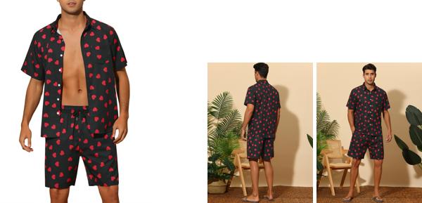 Lars Amadeus サマーシャツ ショートパンツ スポーツウェア 半袖 花柄 レモン ハート プリント ハワイアンコーデ 2点セット ホリデー メンズ ブラック M