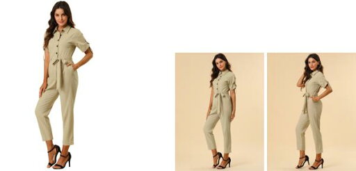 Allegra K ジャンプスーツ ボタンアップ タイウエストポケット付き ターンダウンカラー レディース カーキ XS