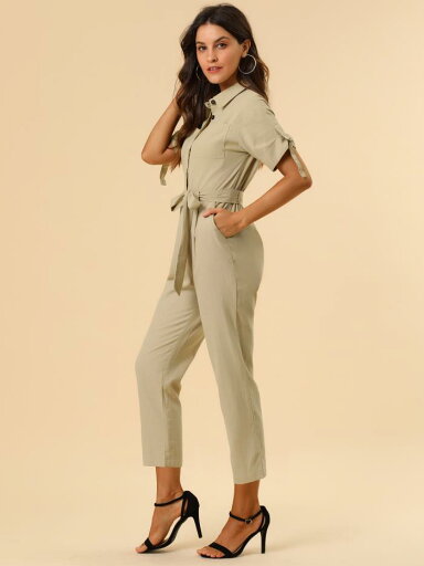 Allegra K ジャンプスーツ ボタンアップ タイウエストポケット付き ターンダウンカラー レディース カーキ XS