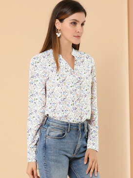 ソウテン Allegra K 花柄ブラウス 長袖 Vネック スタンドカラー ボタンダウン レディース クリーム S