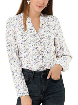 ソウテン Allegra K 花柄ブラウス 長袖 Vネック スタンドカラー ボタンダウン レディース クリーム S