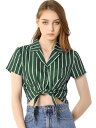 Allegra K 縦ストライプ シャツ 襟付き クロップ ショート丈 半袖 レトロ ショート丈 レディース グリーン XS