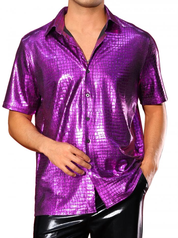 Lars Amadeus メンズクロコダイル柄シャツ ボタンダウン 半袖 光沢のあるディスコメタリックシャツ パープル S