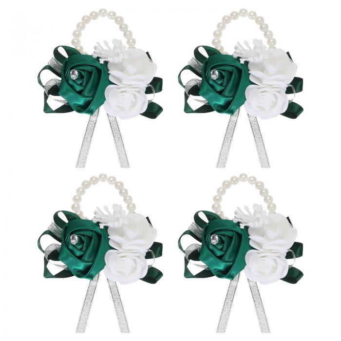 リストコサージュ 人工的なフラワーブレスレット ローズリスト 新郎新婦の装飾 結婚式 プロムパーティー 記念日用 4個 ダーク緑