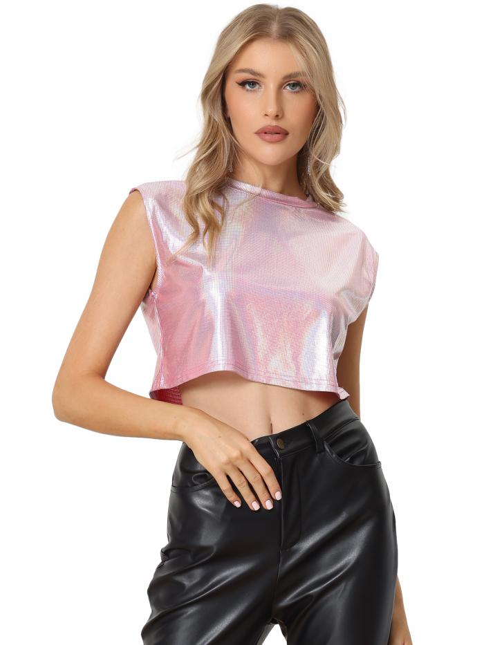 Allegra K タンクトップ メタリック クロップトップ クルーネック ノースリーブ クリスマス パーティー..