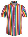 Lars Amadeus メンズ ストライプシャツ 縦縞 シャツ 半袖 ボタンダウンビーチ カラーブロック 夏 レインボーピンク L 1