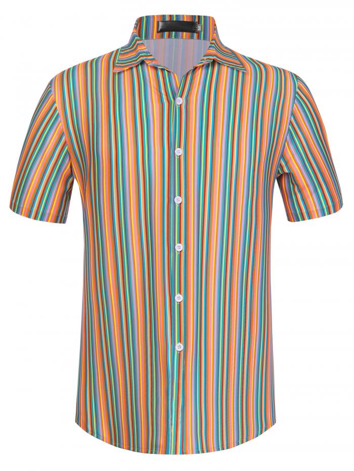 Lars Amadeus メンズ ストライプシャツ 縦縞 シャツ 半袖 ボタンダウンビーチ カラーブロック 夏 ブルーグリーン M