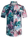 Lars Amadeus パッチワークシャツ リーフプリント サマーシャツ レギュラーフィット 半袖トップス 花柄 ハワイアン ポケット付き メンズ ネイビーホワイト L
