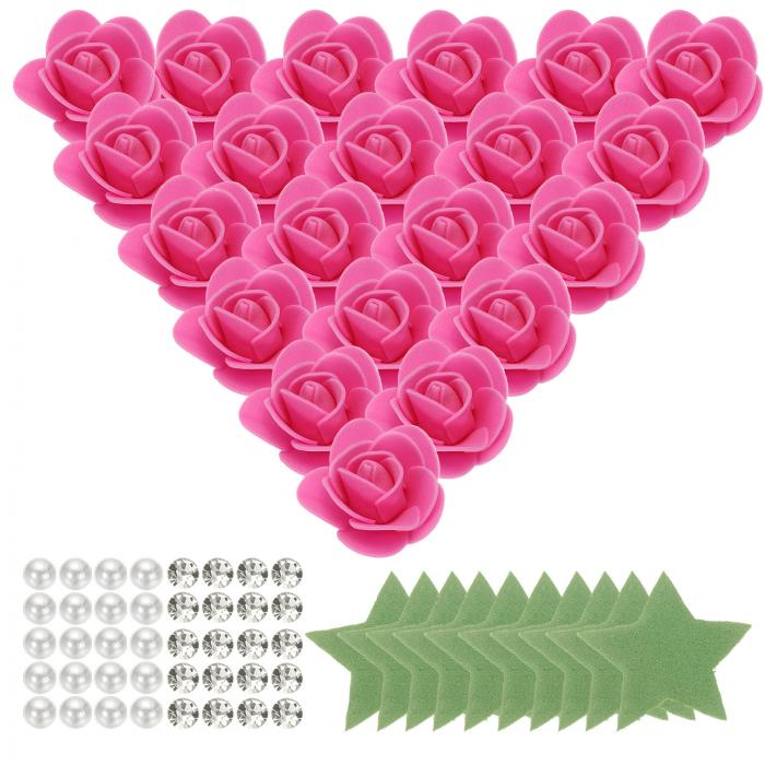 500個 フォームローズヘッド 1.4インチ 人工バルク無茎フォームフェイクフラワー 葉 パール ダイヤモンド付き DIYクラフトアクセサリー ウェディングブーケ ホームデコレーション ローズレッド