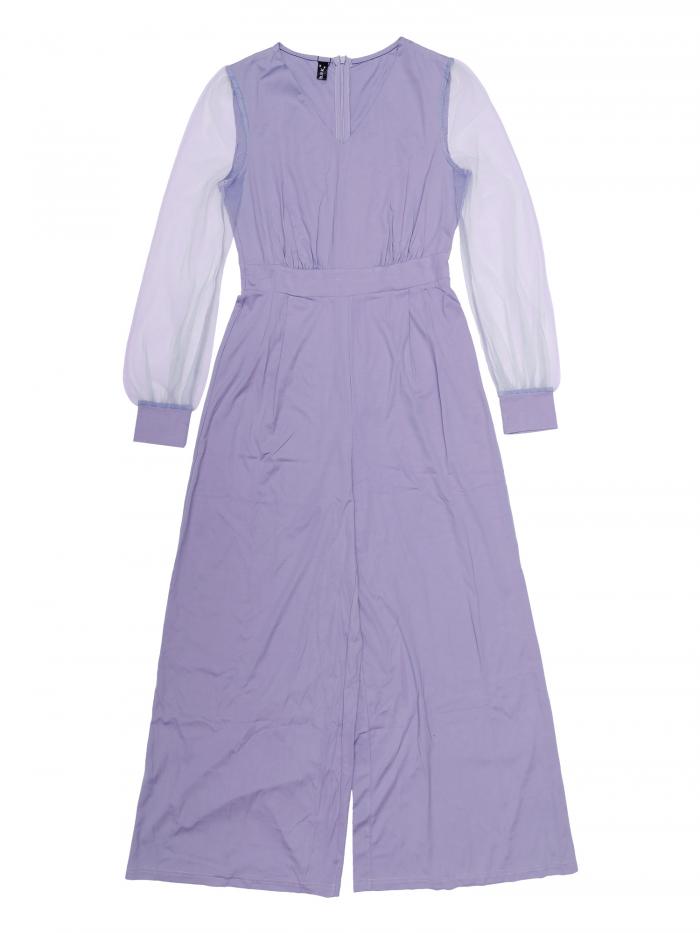 Allegra K ジャンプスーツ ワイドレッグ ロンパース エレガント V ネック メッシュ長袖 ルーズ パーティー レディース ライトパープル XS