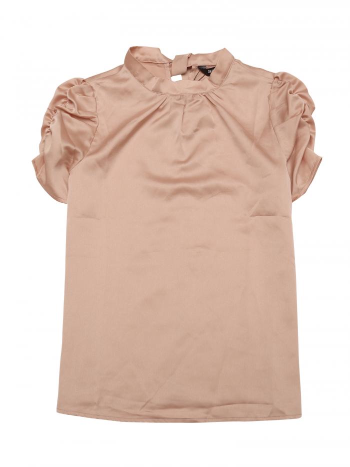 Allegra K レディース サテン トップス シャーリング 半袖 モックネック プリーツ エレガント タイバック ワーク ブラウス シャンパンピンク XS