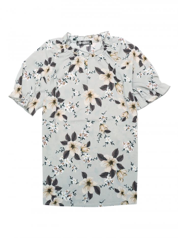 Allegra K 花柄 トップス ブラウス フリルネック モックネック 半袖 フローラル カジュアル レディース グレー S