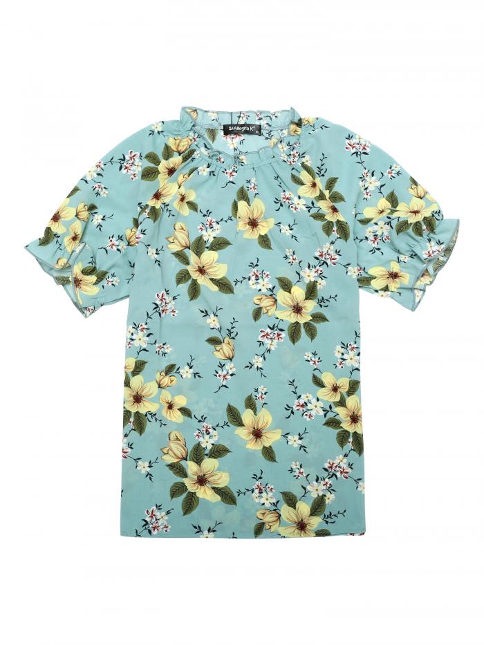 Allegra K 花柄 トップス ブラウス フリルネック モックネック 半袖 フローラル カジュアル レディース ライトグリーン S