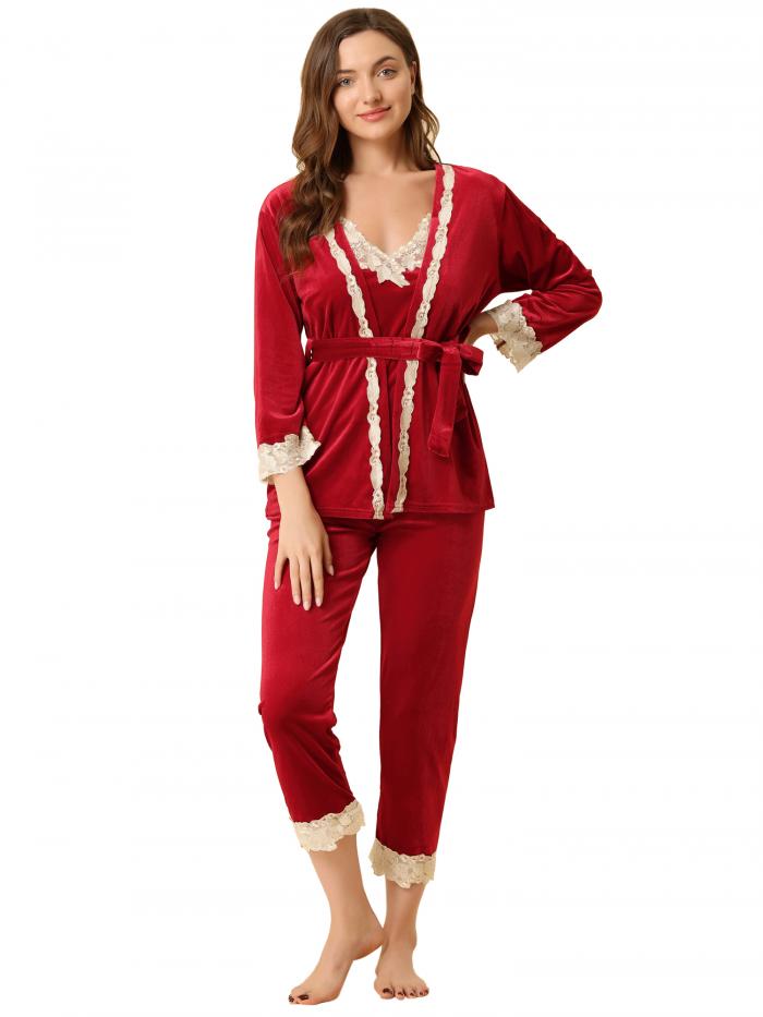 Allegra K レースパジャマ 3点セット キャミソール ナイトガウン ロングパンツ ルームウェア 寝巻き 部屋着 レディース ワインレッド Sのサムネイル