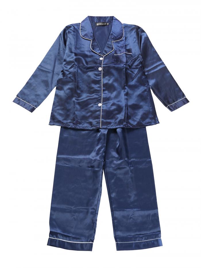 Allegra K パジャマ 上下セット 長袖 前開きパジャマ 部屋着 ルームウェア ナイトスーツ レディース ダークブルー XL